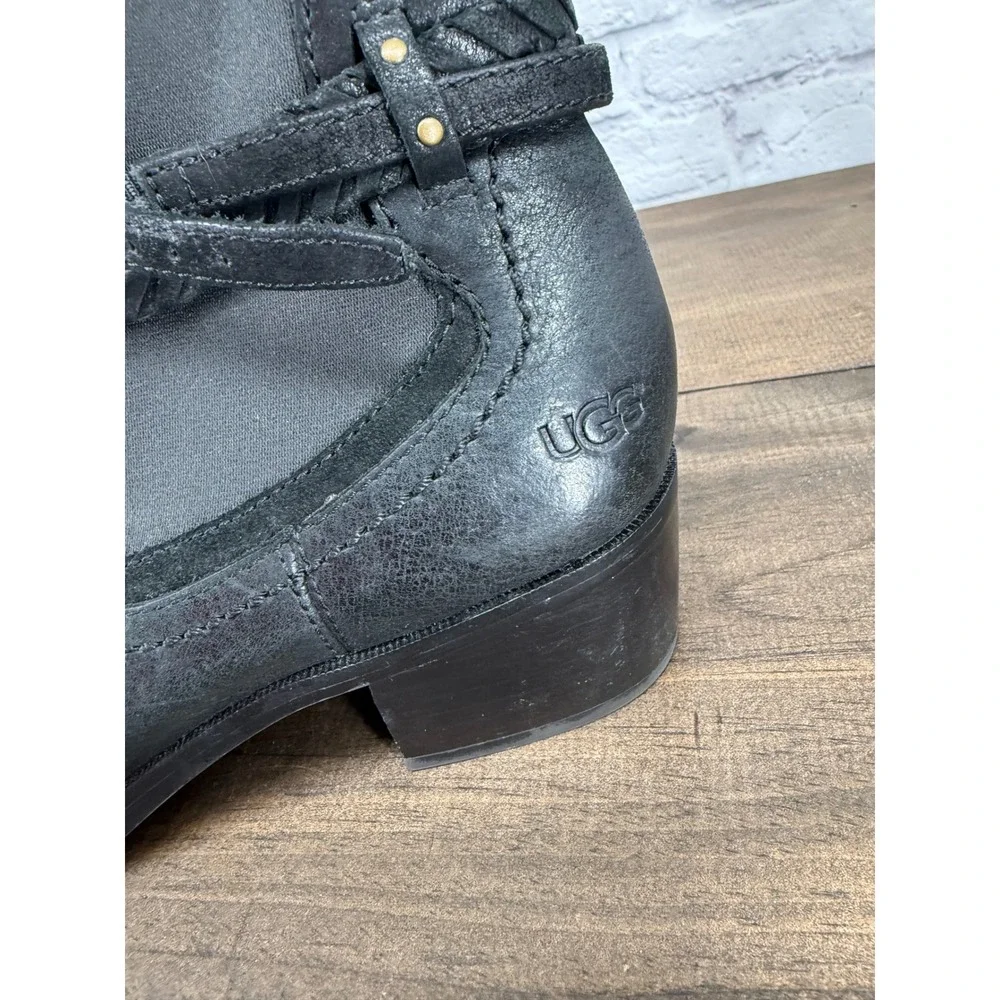 UGG Krewe Black Leather Shearling Ankle Boots 8 Braided Harness Moto Western